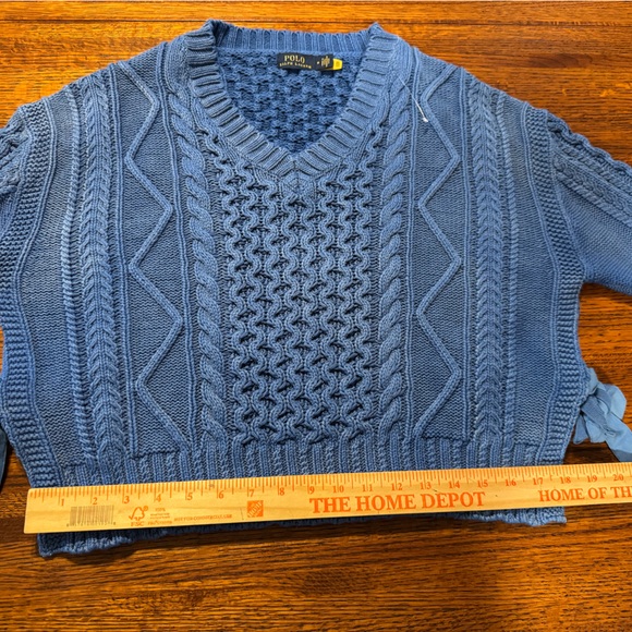 Polo Ralph Lauren Distressed M Blue Knit V Neck Sweater 100 % Cotton Cable Knit - Picture 11 of 11